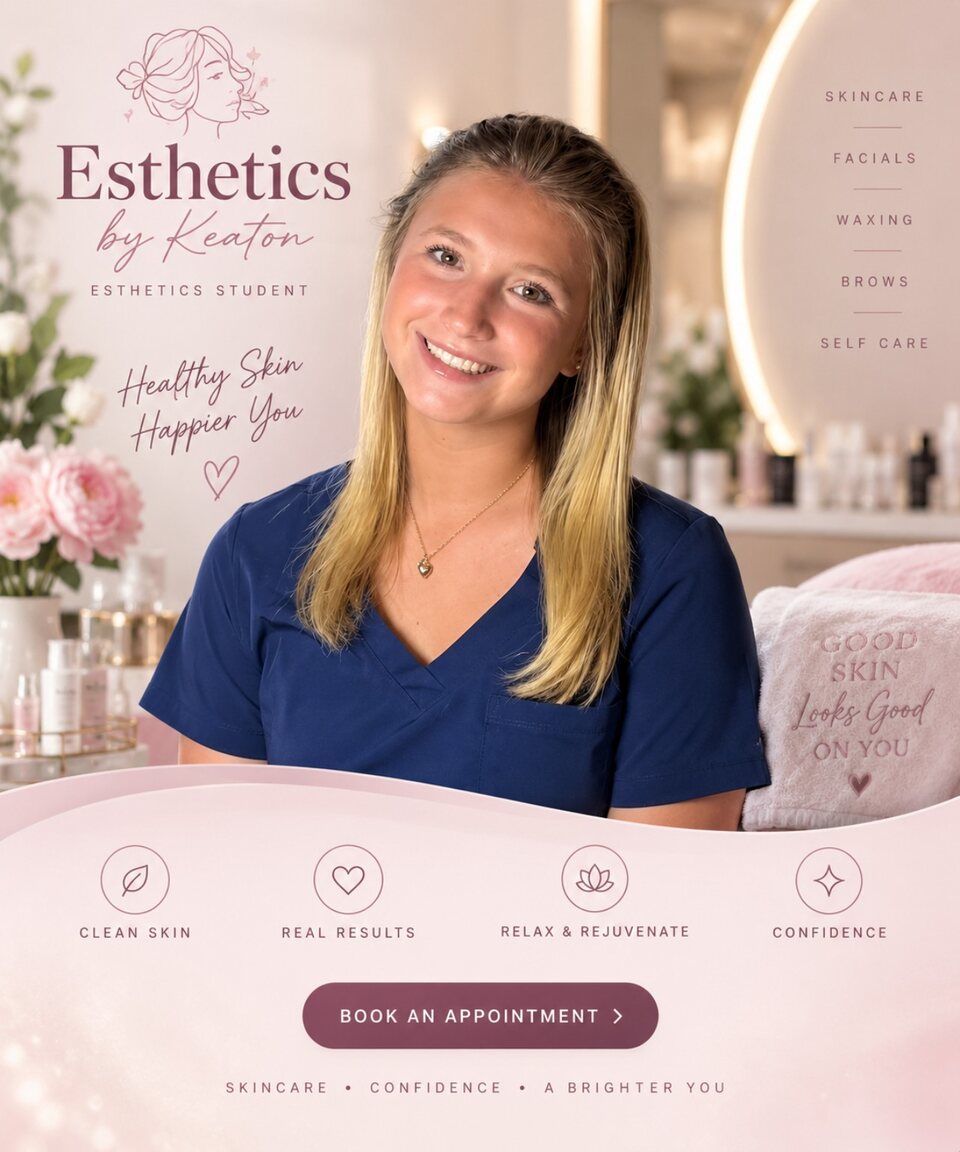 Keaton smiling in navy scrubs, surrounded by Esthetics by Keaton branding and skincare details.